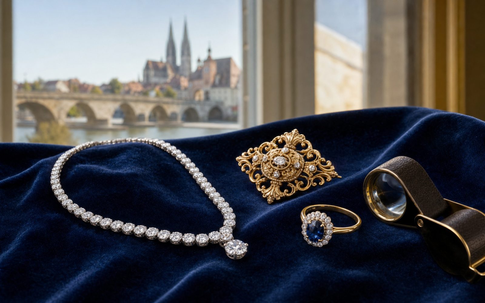 Brillantcollier, antike Goldbrosche und Markenschmuck mit Cartier-Punze auf dunklem Samt-Tableau in einem Regensburger Patrizierhaus in der Welterbe-Altstadt, Bewertungslupe und Tageslicht durch Sprossenfenster.