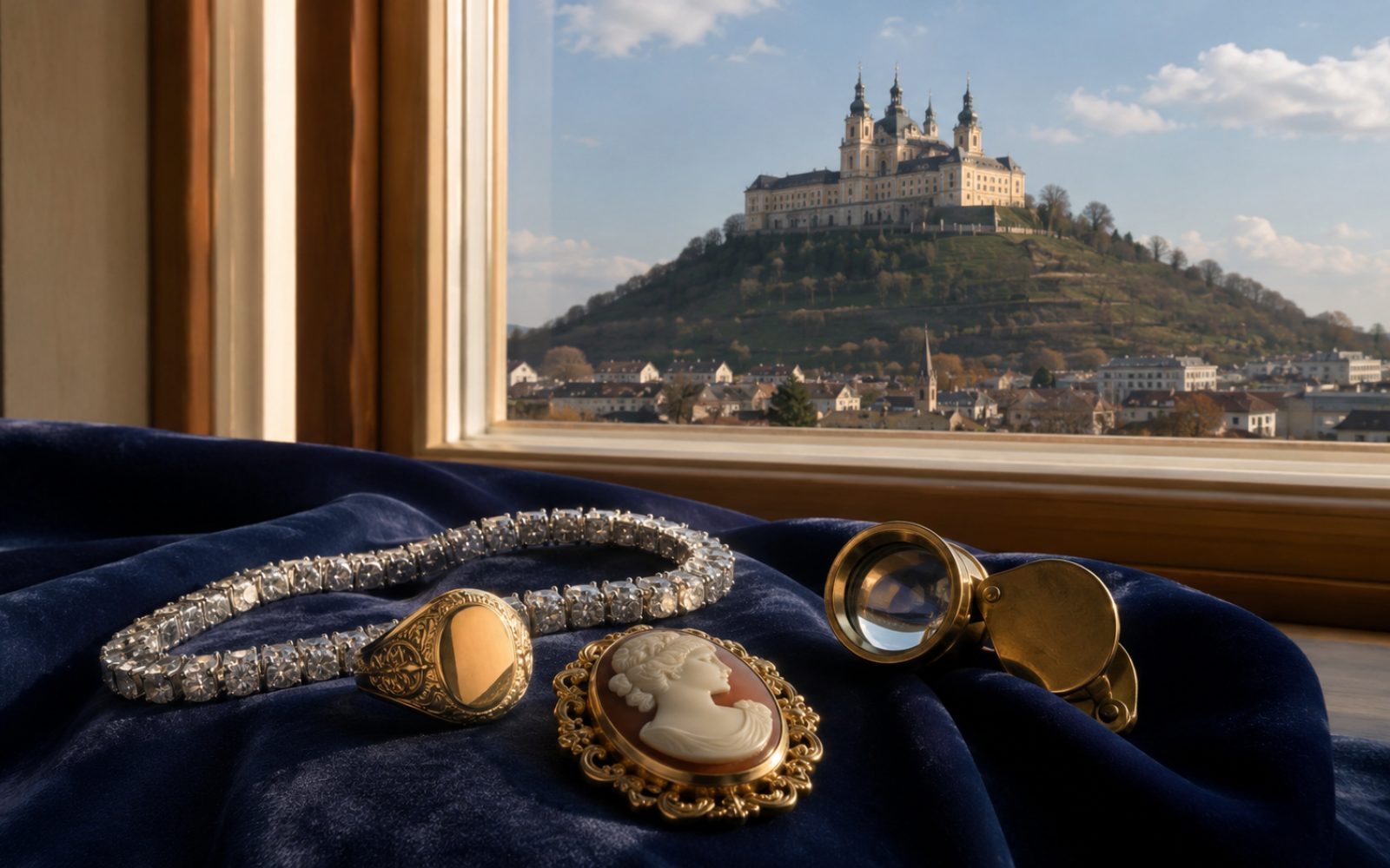 Brillant-Verlobungsring, antike Goldbrosche und Markenschmuck mit Wempe-Punze auf dunklem Samt in einem Siegburger Altbau nahe dem Michaelsberg, Bewertungslupe und Tageslicht.