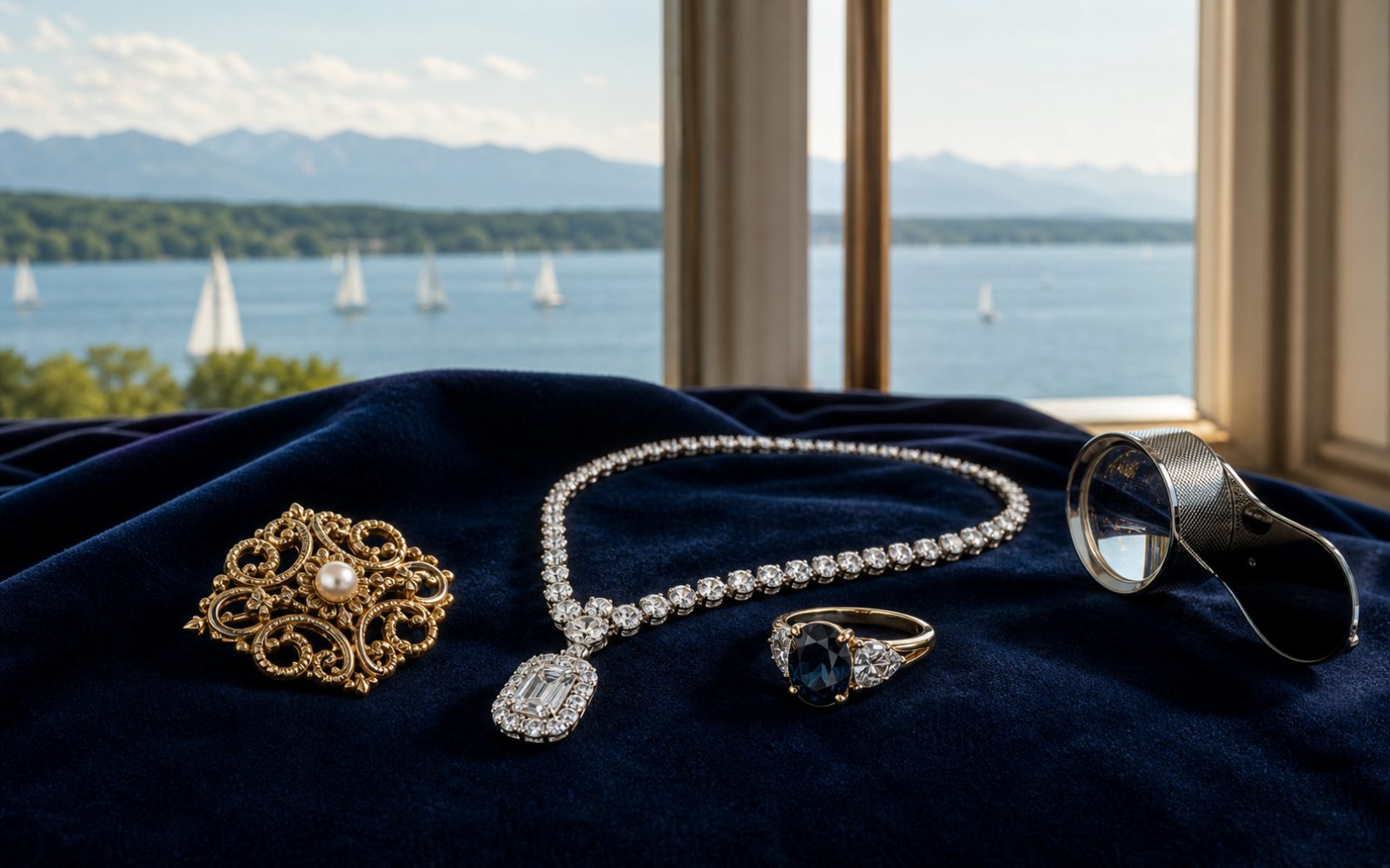Brillantcollier, antike Goldbrosche und Markenschmuck mit Cartier-Punze auf dunklem Samt-Tableau in einer Starnberger Seeufer-Villa, Bewertungslupe und Tageslicht durch hohe Fenster mit Blick auf den Starnberger See.
