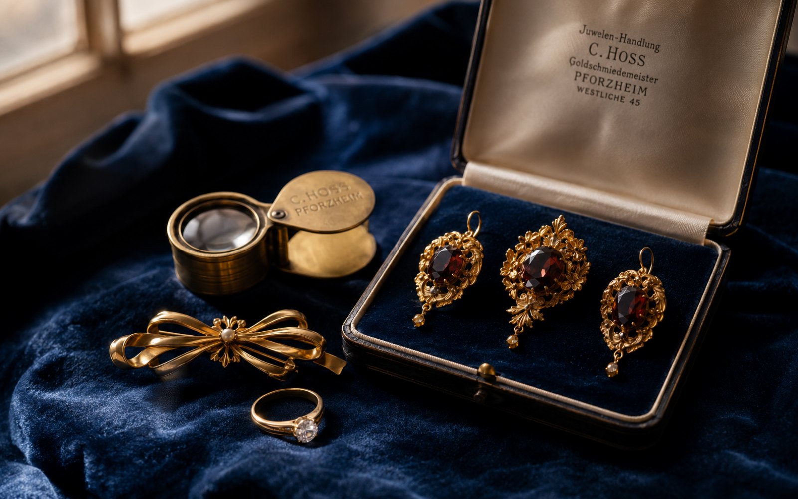 Pforzheimer Goldbrosche, Brillantring und Collier auf Samt-Tableau in einem Stuttgarter Bürgerhaus am Killesberg, Bewertungslupe daneben.