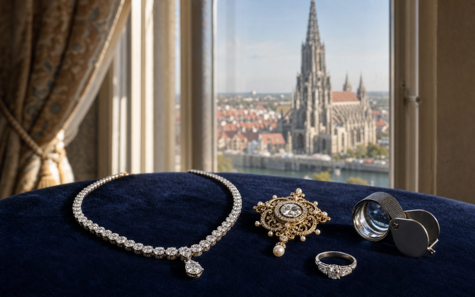 Brillant-Verlobungsring, antike Goldbrosche und Markenschmuck mit Wempe-Punze auf dunklem Samt-Tableau in einer Ulmer Altbauwohnung nahe dem Münster, Bewertungslupe und Tageslicht.