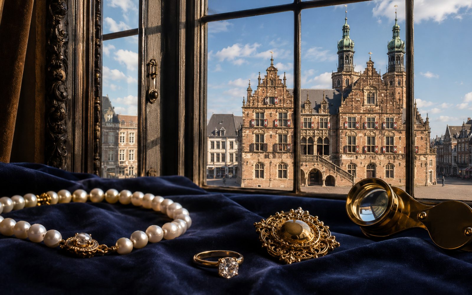 Markenschmuck mit Cartier-Punze, Brillantring und Goldcollier auf dunklem Samt-Tableau, deutschsprachige Bewertung in der Grenzregion Venlo am Niederrhein, Bewertungslupe daneben.