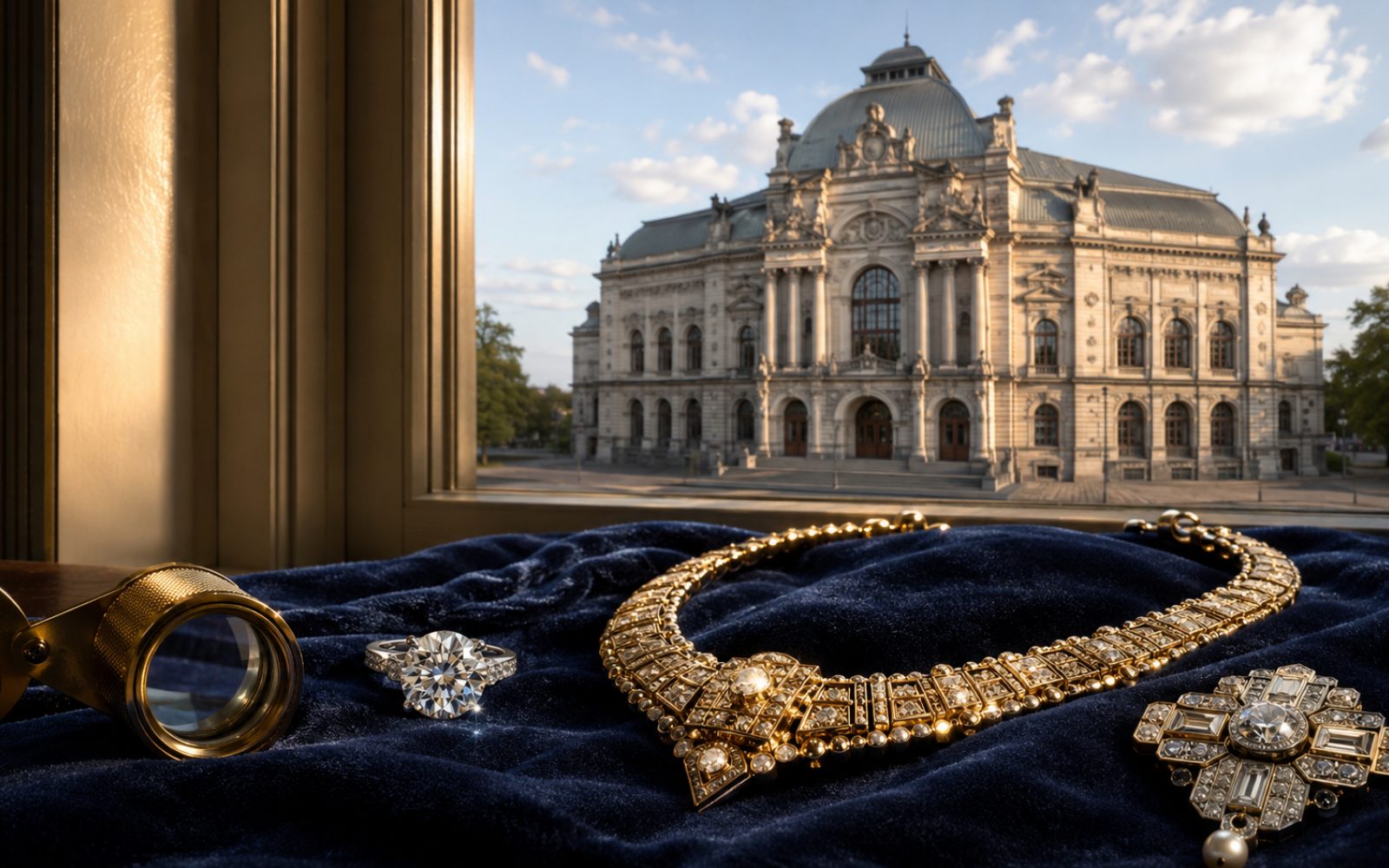 Brillantcollier, antike Goldbrosche und Markenschmuck mit Wellendorff-Punze auf dunklem Samt-Tableau in einem Viersener Altbau in D&uuml;lken, Bewertungslupe und Tageslicht durch Sprossenfenster.