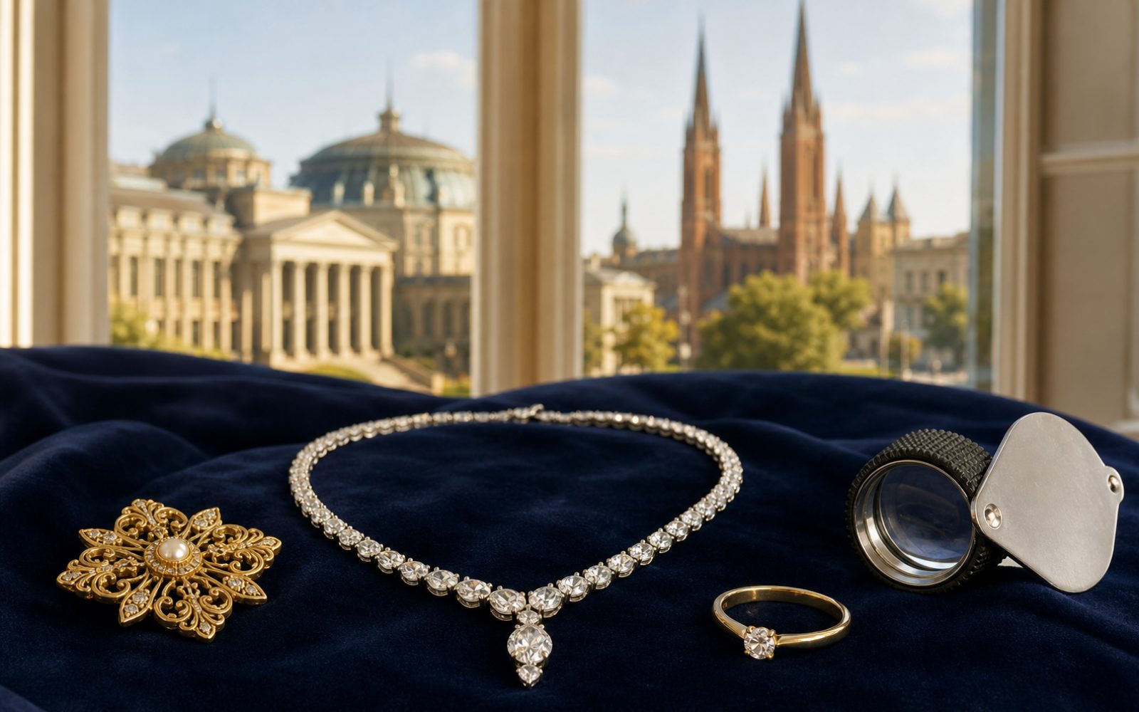 Brillantcollier, antike Goldbrosche und Markenschmuck mit Cartier-Punze auf dunklem Samt-Tableau in einer Wiesbadener Villa im Nordost-Viertel, Bewertungslupe daneben, Tageslicht durch hohe Stuckfenster.