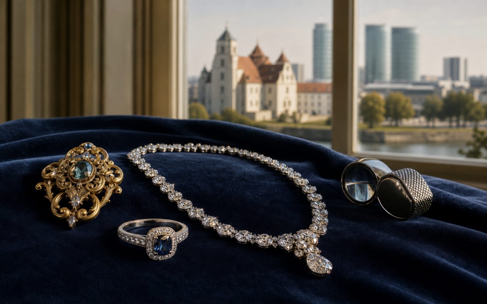 Brillant-Verlobungsring, Goldcollier und Markenschmuck mit Wempe-Punze auf dunklem Samt-Tableau in einem Wolfsburger Eigenheim in Detmerode, Bewertungslupe und Tageslicht.