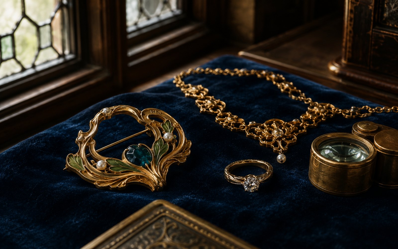 Jugendstil-Brosche mit Pforzheim-Punze, Brillantring und antikes Goldcollier auf Samt in einer Wuppertaler Altbauwohnung am Brand, Lupe daneben.