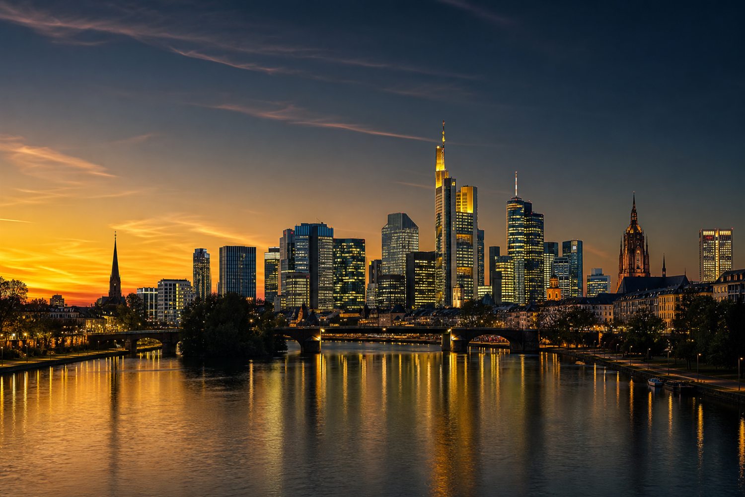 Gr&uuml;nderzeitvillen im Frankfurter Westend bei Morgenlicht, dahinter die Skyline des Bankenviertels &ndash; Silberankauf Region Frankfurt