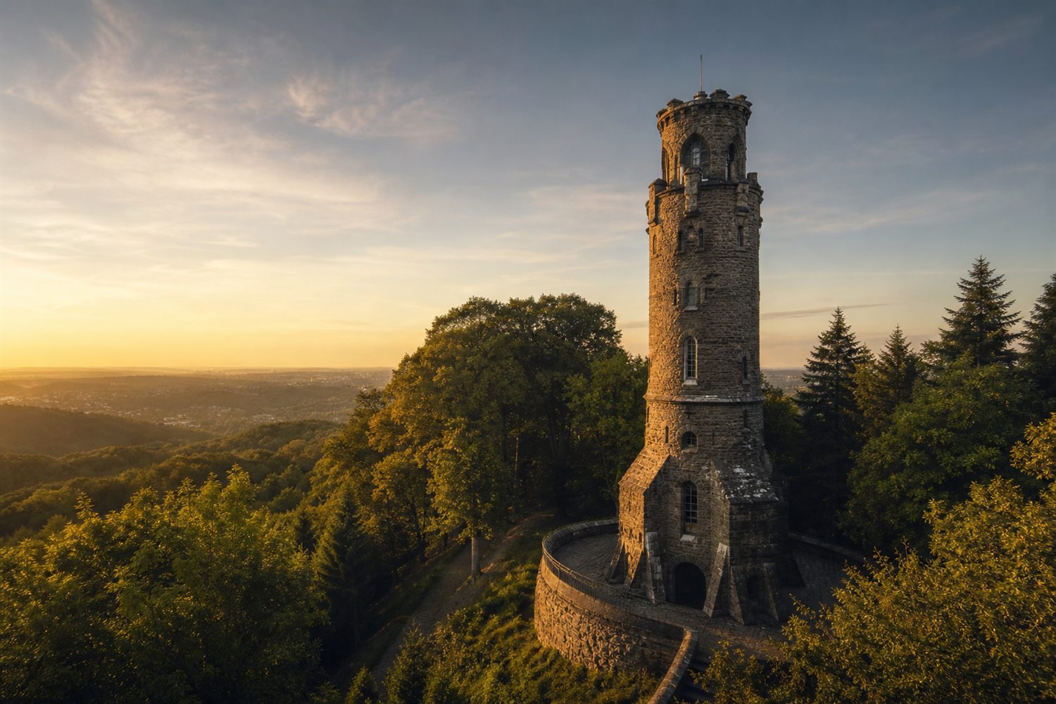 Die Iserlohner Altstadt und der Danzturm &uuml;ber der Waldstadt bei Morgenlicht &ndash; Silberankauf Region Iserlohn