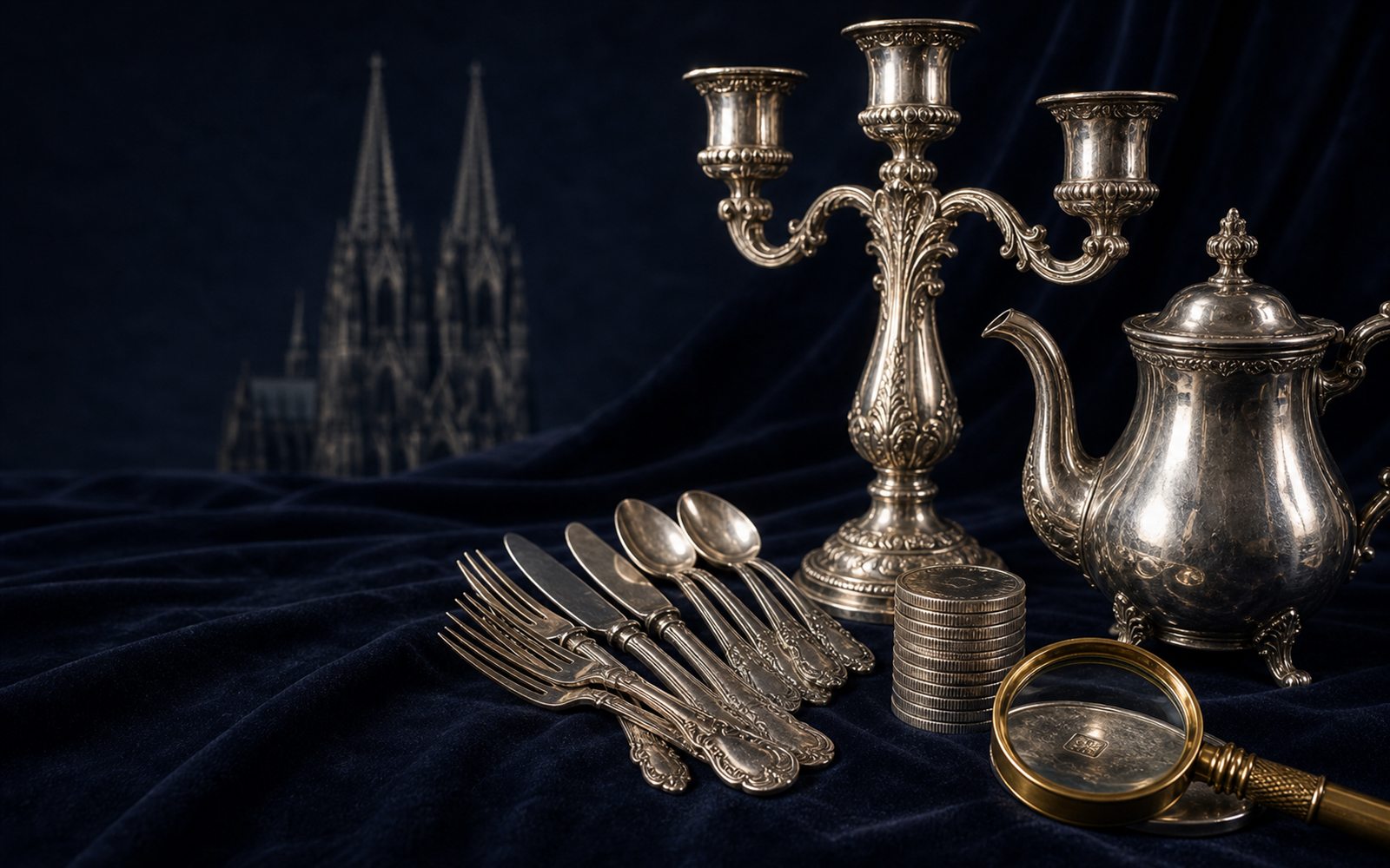 Antiker Silberleuchter, gef&auml;chertes Silberbesteck, Silberkanne und Silberm&uuml;nzen auf dunklem Samt mit Lupe, im Hintergrund die TÃ¼rme des K&ouml;lner Doms &ndash; Silberankauf K&ouml;ln