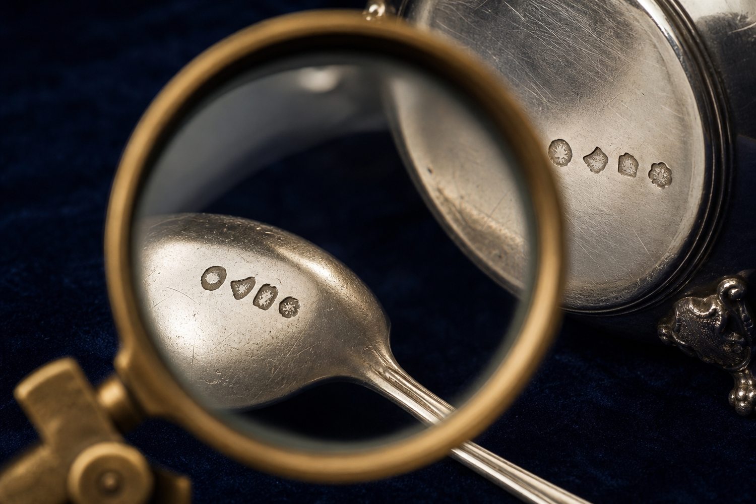 Silberpunzen auf der Unterseite eines L&ouml;ffels und einer Kanne werden mit einer Lupe gepr&uuml;ft &ndash; Silber-Punzen Bewertung Leverkusen