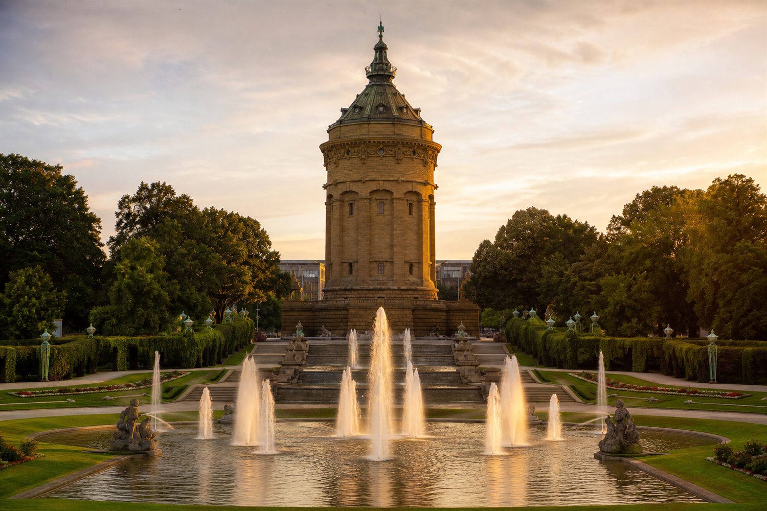 Der Mannheimer Wasserturm und die Jugendstil-Anlage am Friedrichsplatz bei Morgenlicht &ndash; Silberankauf Region Mannheim