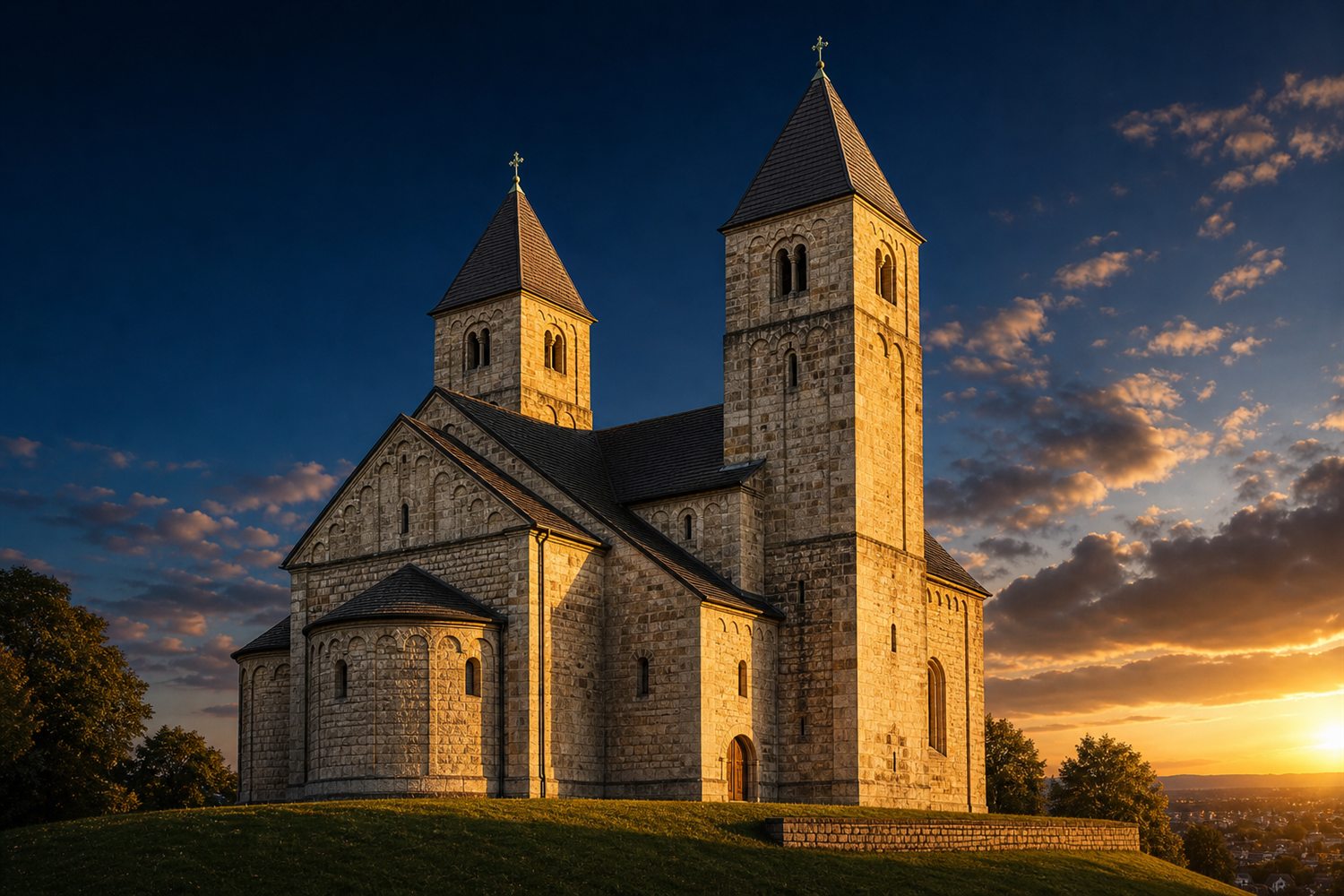 Das M&uuml;nster St. Vitus und der Abteiberg in M&ouml;nchengladbach bei Morgenlicht &ndash; Silberankauf Region M&ouml;nchengladbach