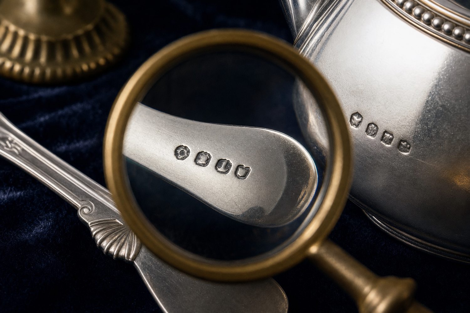 Silberpunzen auf der Unterseite eines L&ouml;ffels und einer Kanne werden mit einer Lupe gepr&uuml;ft &ndash; Silber-Punzen Bewertung Moers