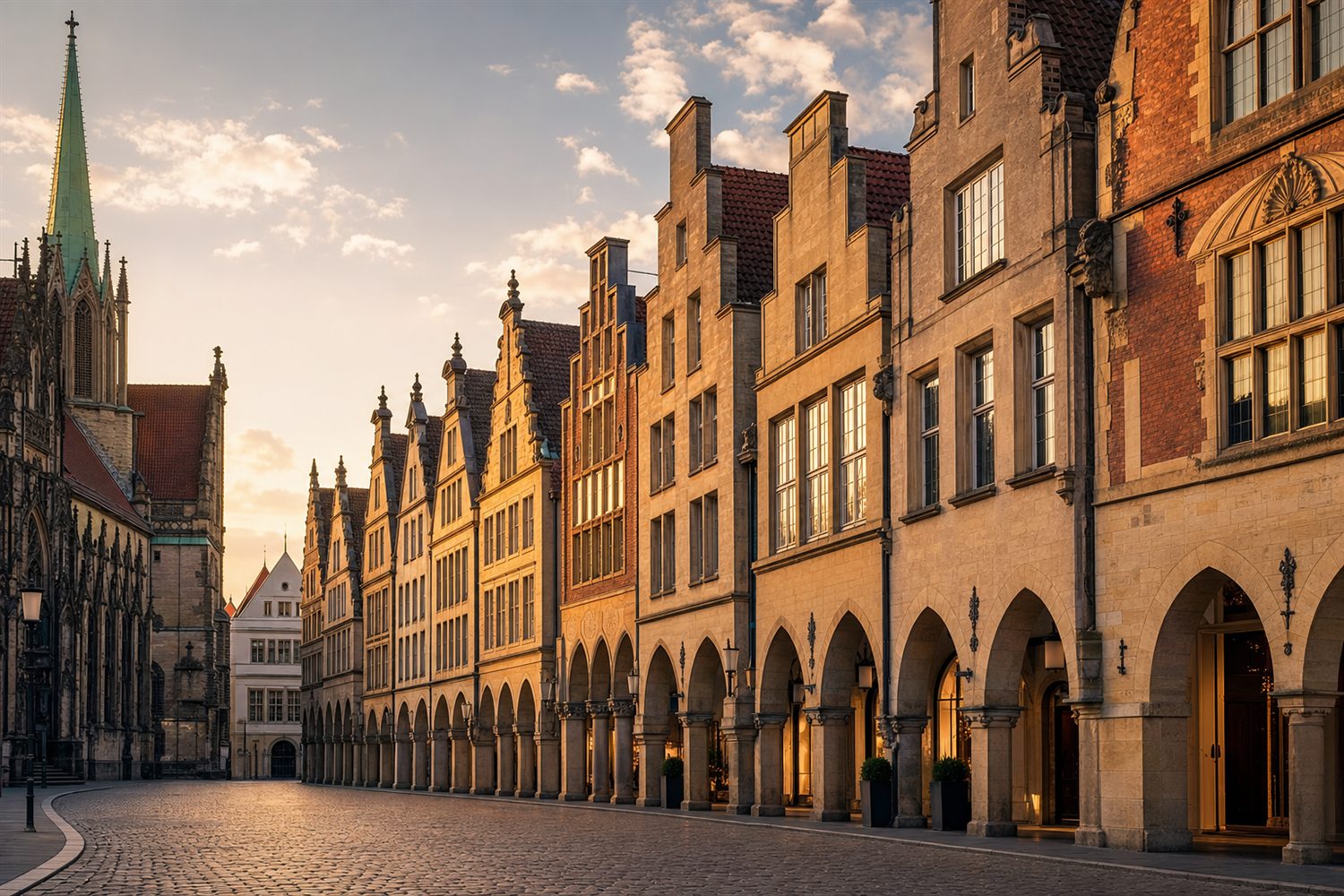 Der St.-Paulus-Dom und die Giebelh&auml;user des Prinzipalmarkts in M&uuml;nster bei Morgenlicht &ndash; Silberankauf Region M&uuml;nster