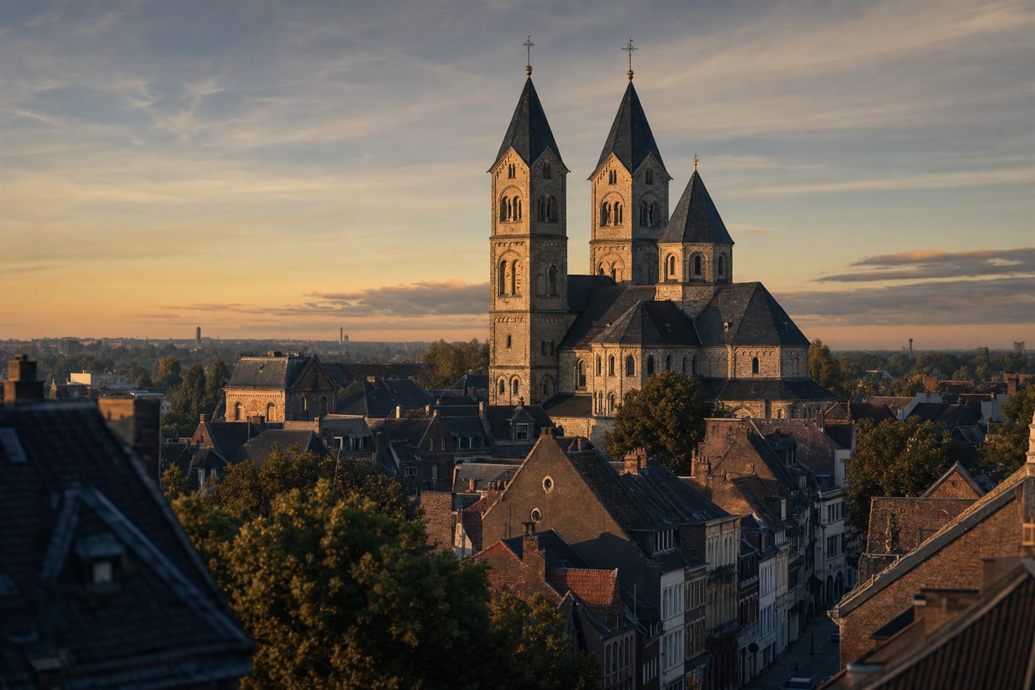 Der Neusser Dom und die Altstadt am Rheinufer bei Morgenlicht &ndash; Silberankauf Region Neuss