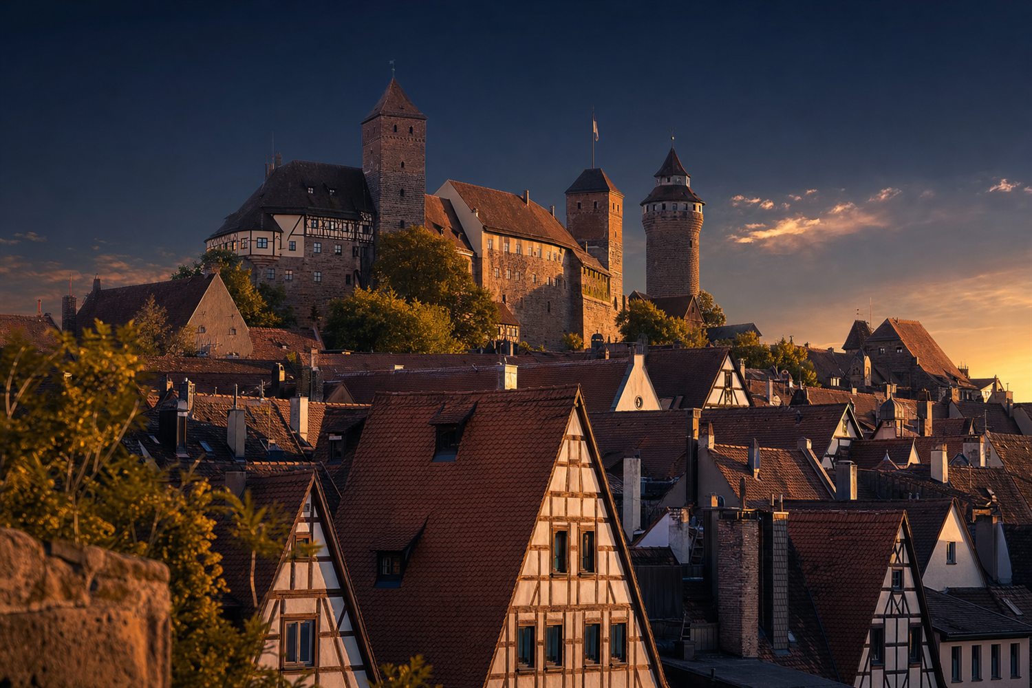 Fachwerkh&auml;user und die Kaiserburg in der historischen N&uuml;rnberger Altstadt bei Morgenlicht &ndash; Silberankauf Region N&uuml;rnberg