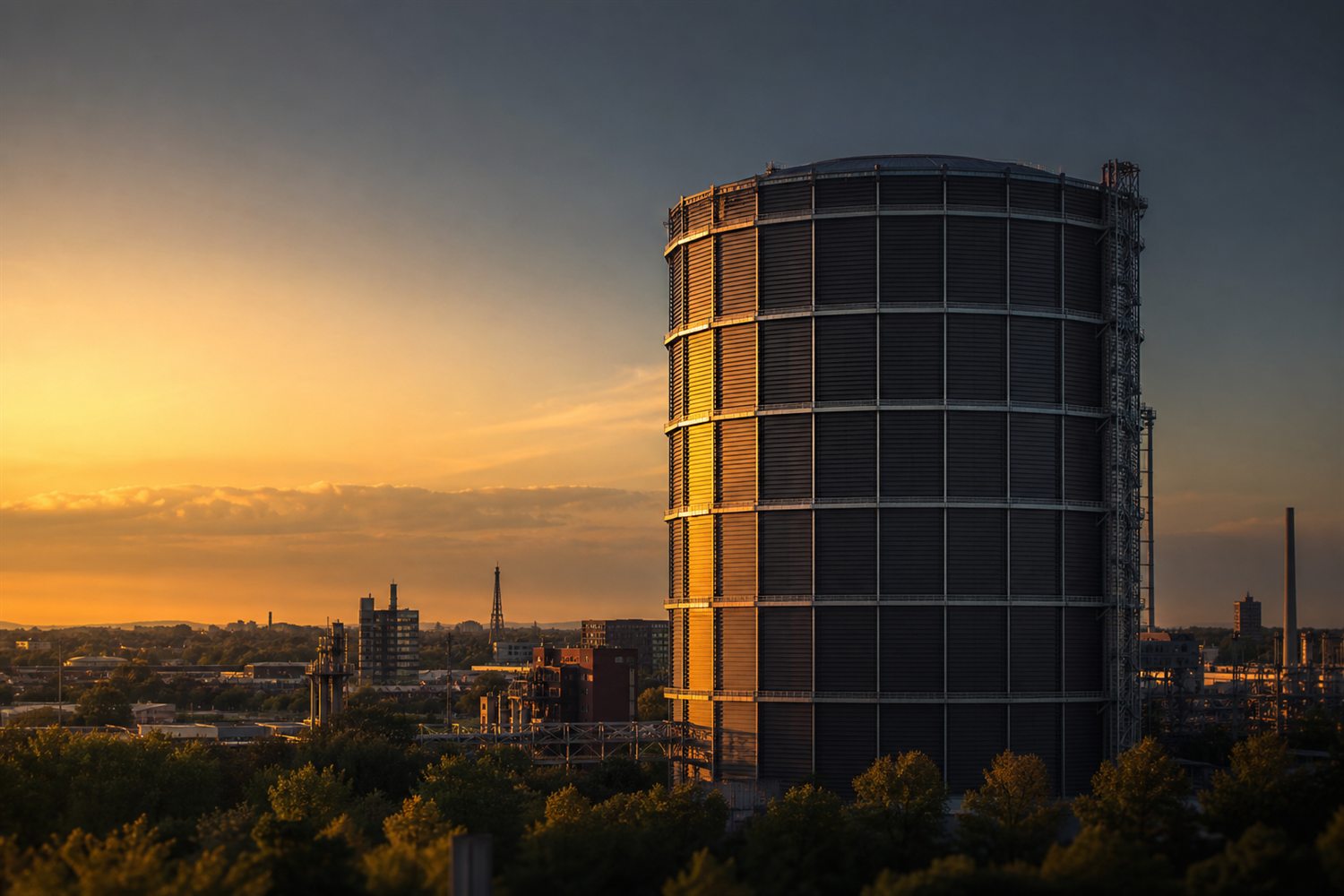 Der Oberhausener Dom und die Altstadt am Rheinufer bei Morgenlicht &ndash; Silberankauf Region Oberhausen