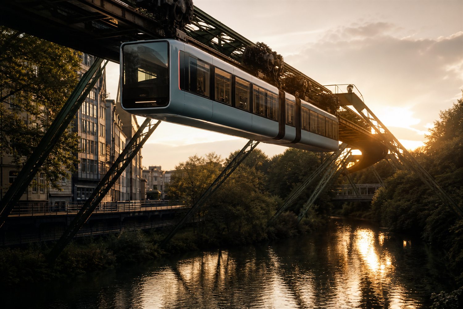 Die Wuppertaler Schwebebahn schwebt bei Morgenlicht &uuml;ber der Wupper durch das Tal &ndash; Silberankauf Region Wuppertal