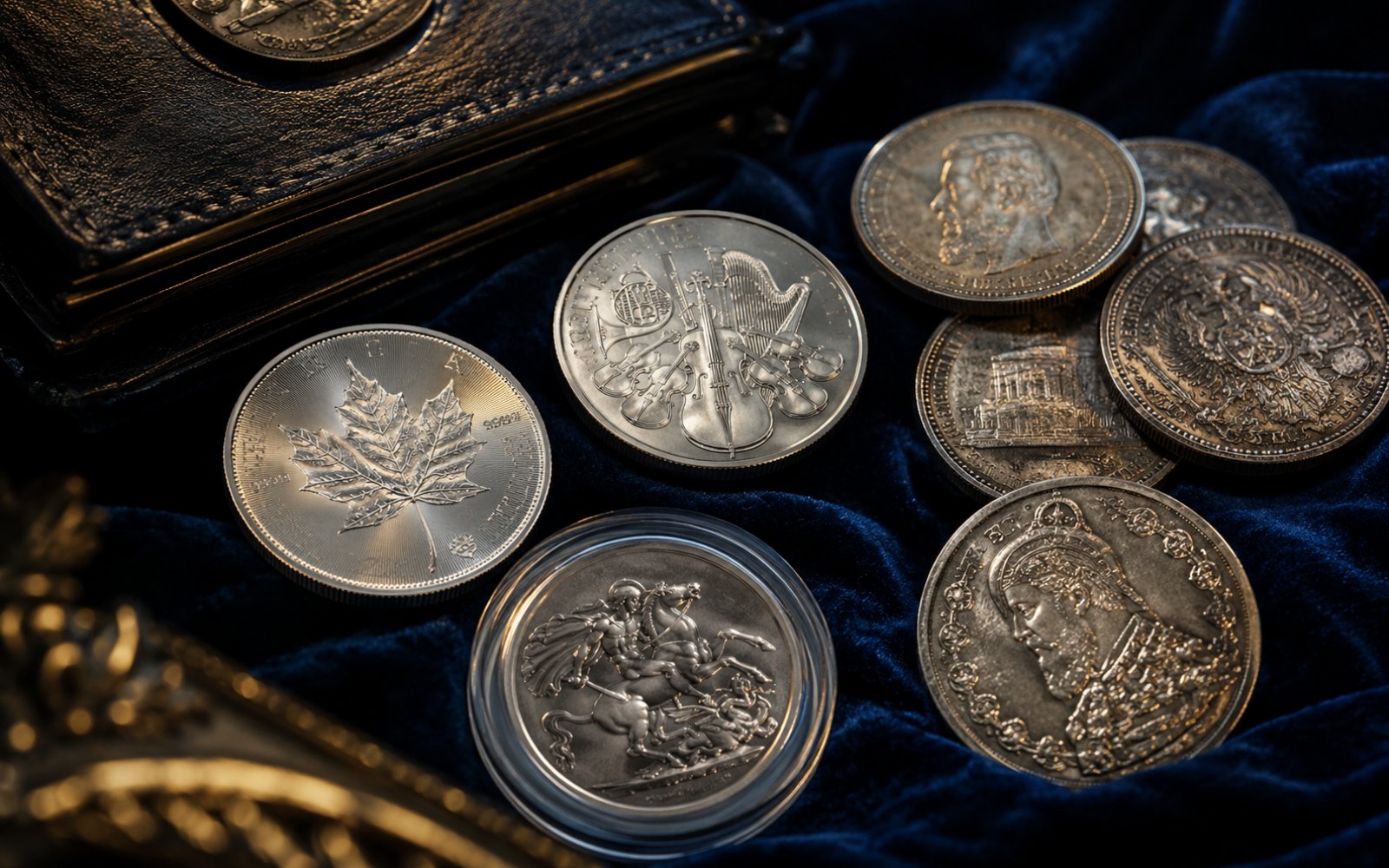 Silbermünzen aus Anlage und Sammlung, Maple Leaf, Wiener Philharmoniker und deutsche Gedenkmünzen auf dunklem Samt