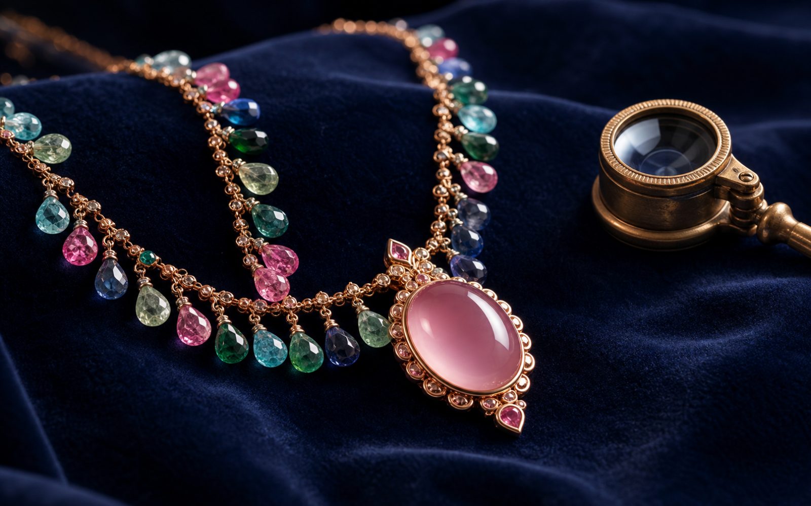 Tamara Comolli Mikado-Kette und India-Anh&auml;nger mit Farbsteinen in Ros&eacute;gold auf blauem Samt mit Lupe