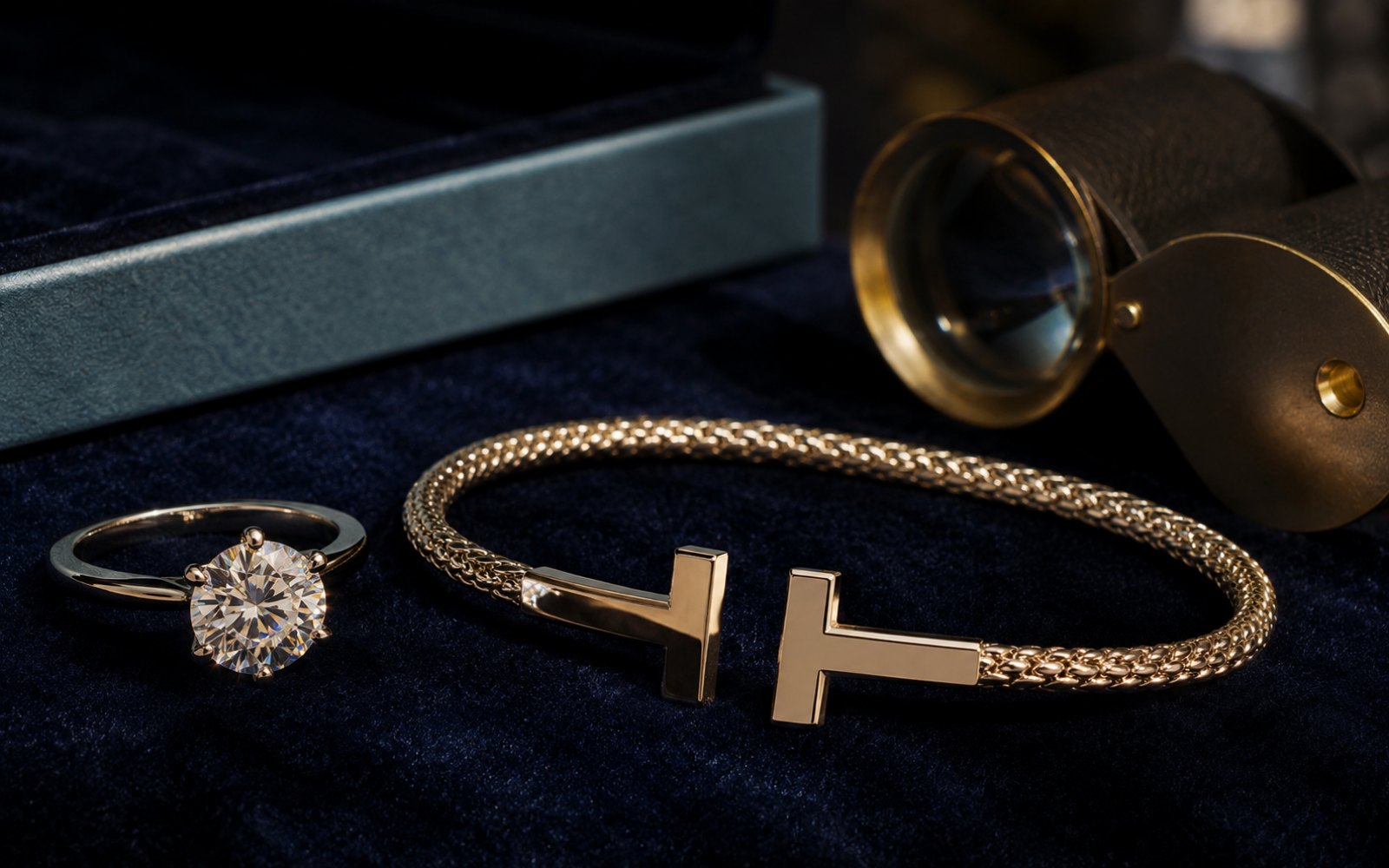 Tiffany Solitärring und T-Armband in Gold und Platin auf blauem Samt mit Lupe