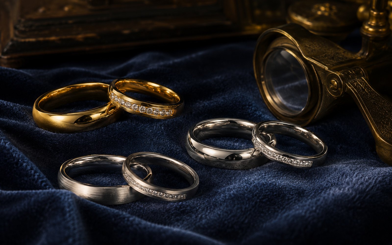 Trauringe und Eheringe in Gold und Platin, teils mit Diamanten, auf blauem Samt mit Lupe