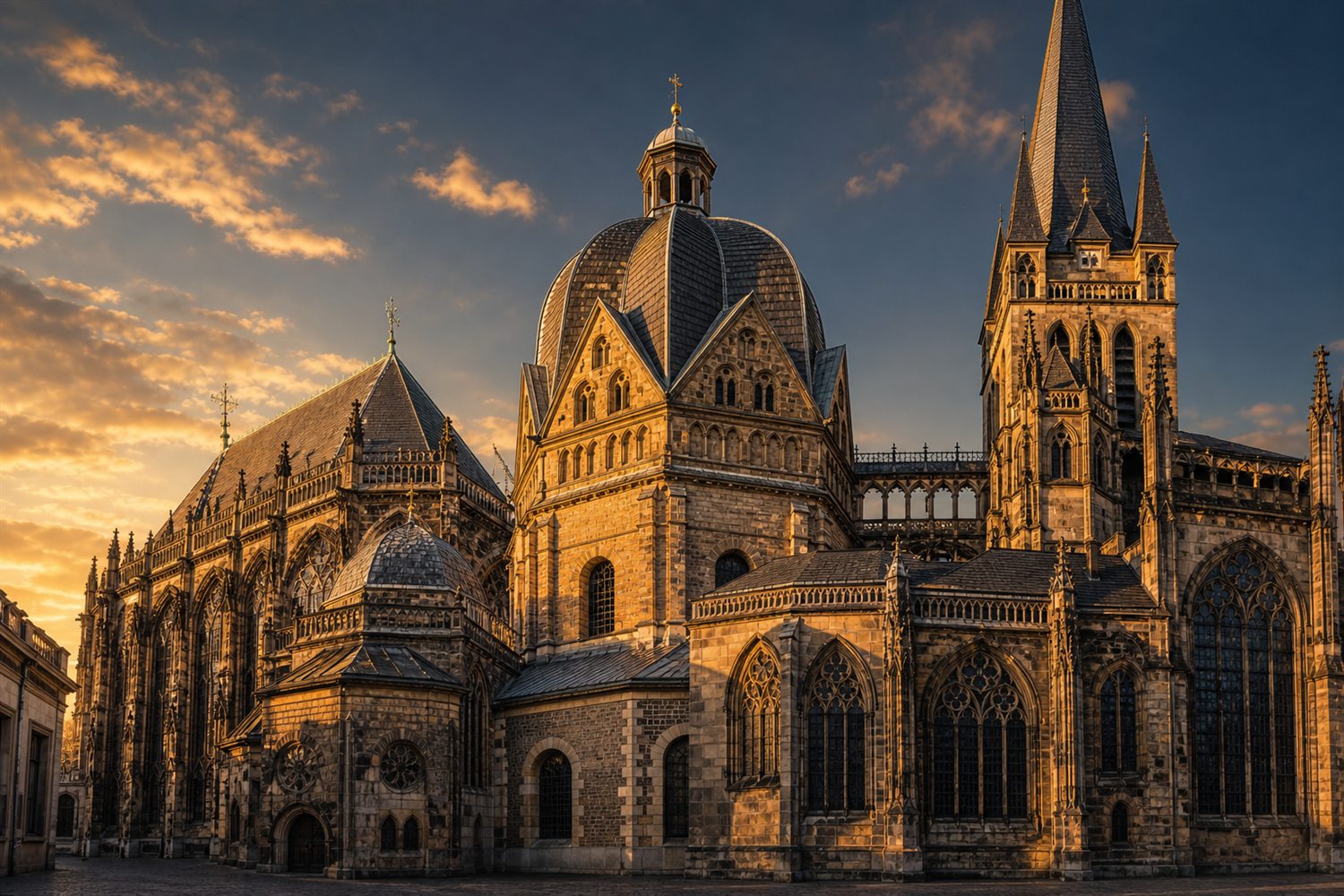 Der Aachener Dom im Abendlicht &uuml;ber den D&auml;chern der Altstadt &ndash; Uhren-Ankauf Region Aachen
