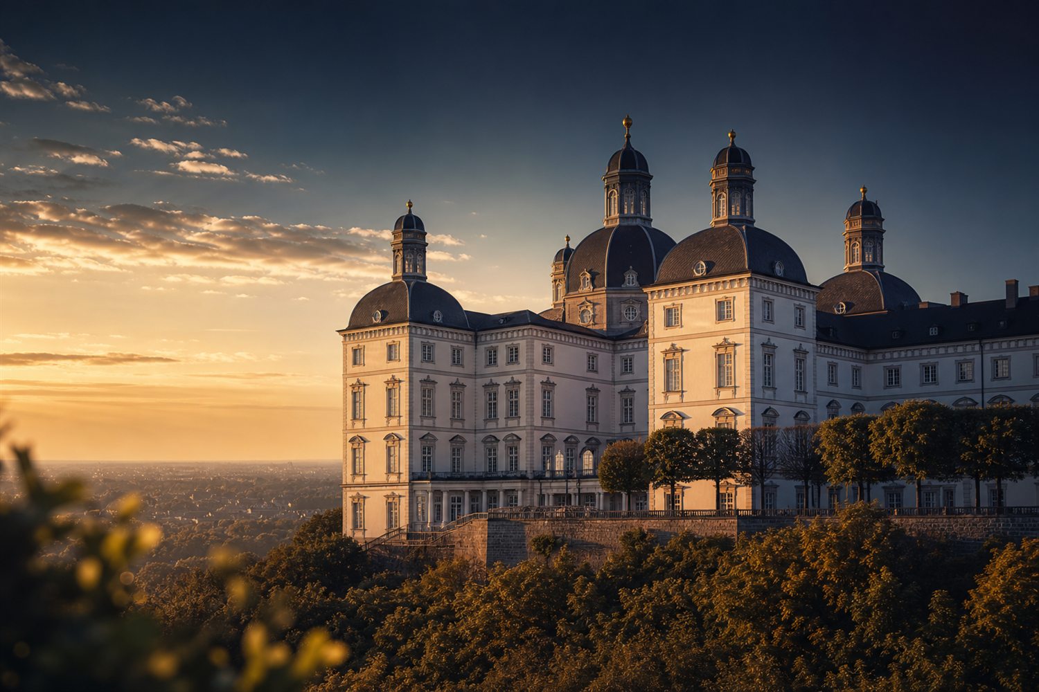 Der Bergisch Gladbacher Dom im Abendlicht &uuml;ber dem Rhein &ndash; Uhren-Ankauf Region Bergisch Gladbach