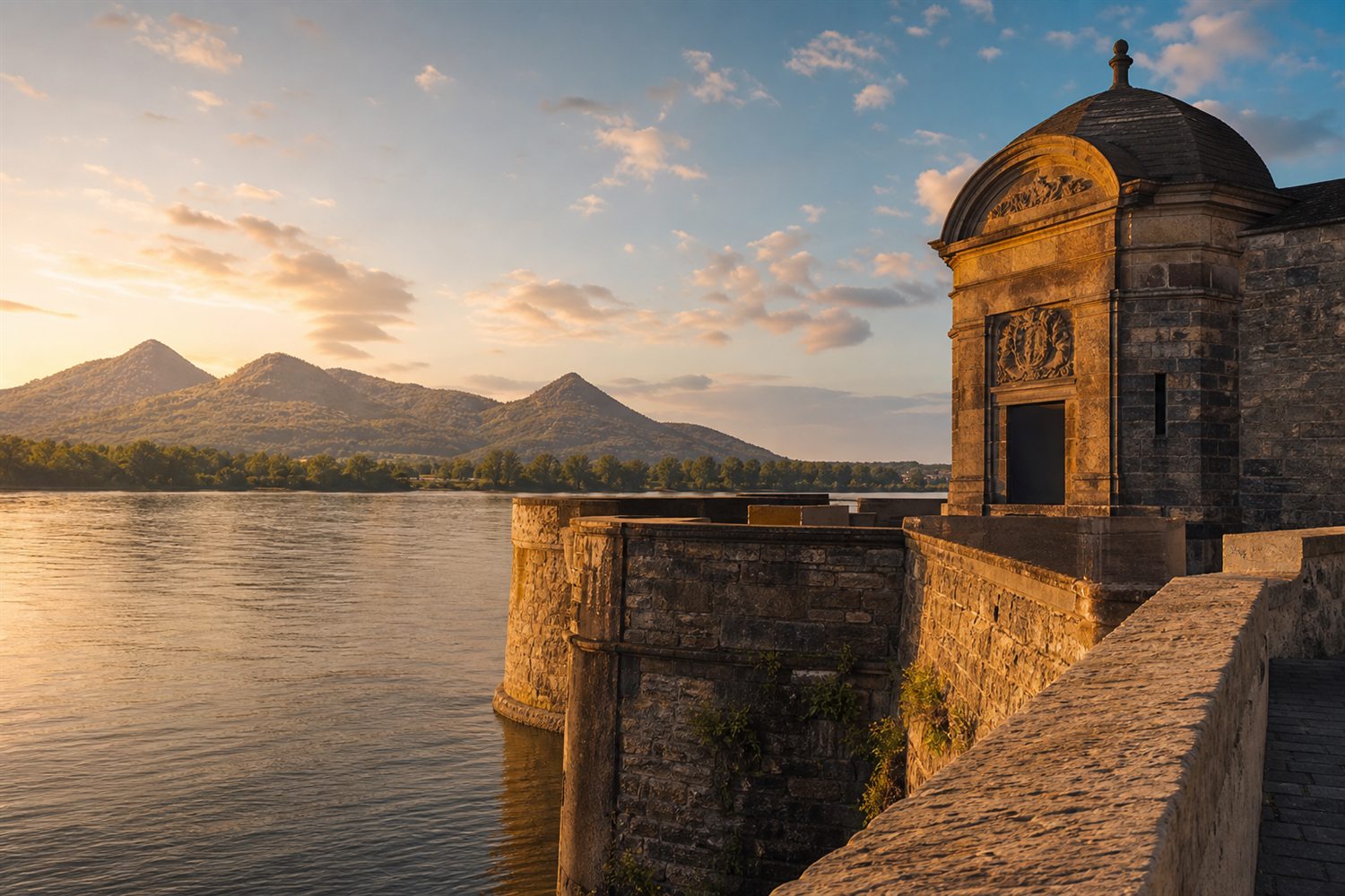 Das Poppelsdorfer Schloss in Bonn im Abendlicht, im Hintergrund das Siebengebirge &ndash; Uhren-Ankauf Region Bonn
