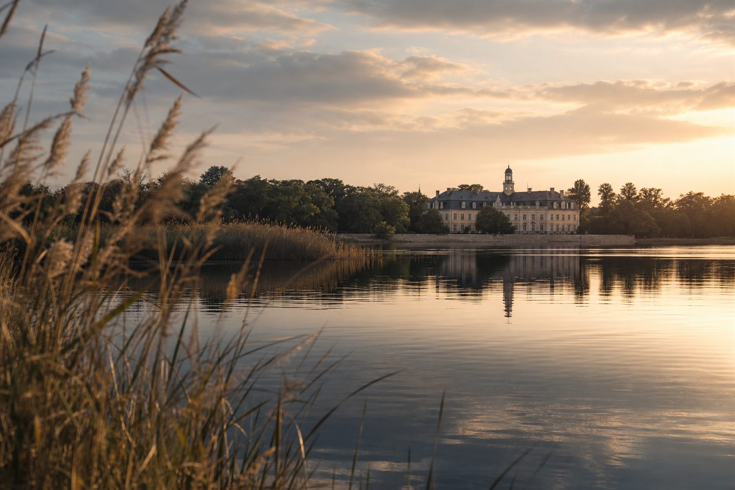 Ein historisches brandenburgisches Gutshaus mit altem Baumbestand im Abendlicht &ndash; Uhren-Ankauf Region Brandenburg