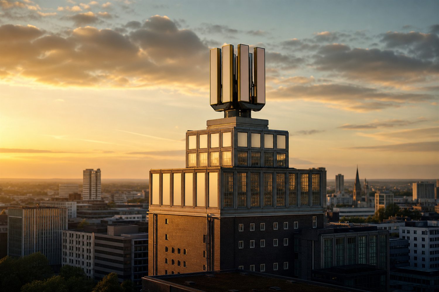 Das Dortmunder U im Abendlicht &uuml;ber der Stadt &ndash; Uhren-Ankauf Region Dortmund