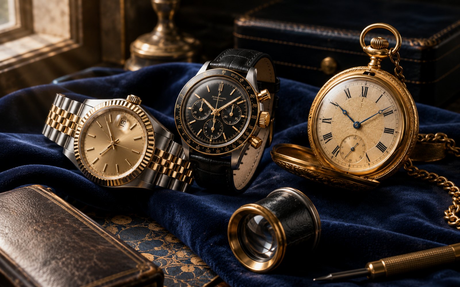 Rolex Datejust, Omega Speedmaster und goldene Taschenuhr auf dunklem Samt-Tableau in einer Düsseldorfer Wohnung, Uhrmacherlupe daneben.