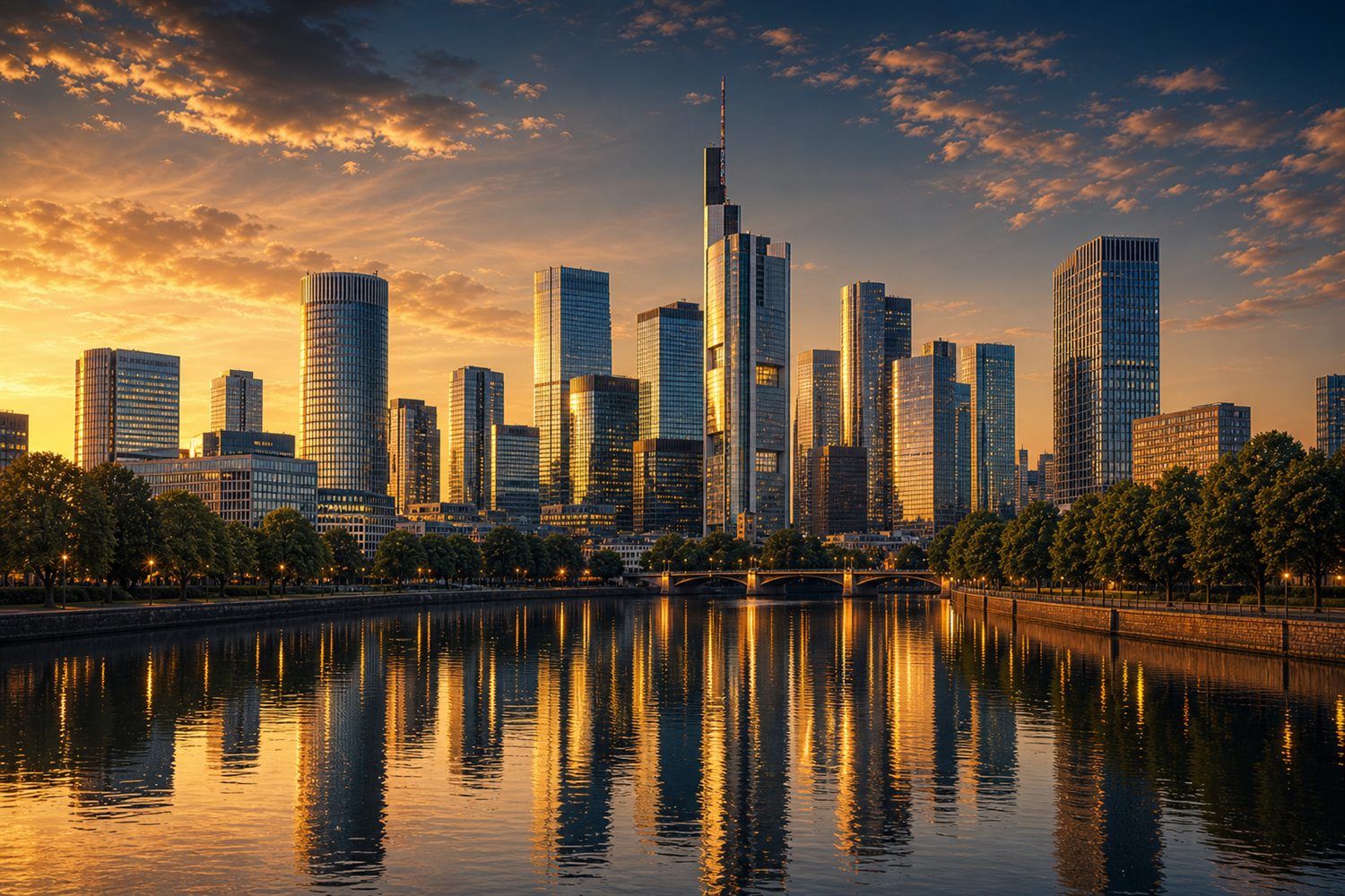 Die Frankfurter Skyline des Bankenviertels im Abendlicht hinter dem historischen R&ouml;mer &ndash; Uhren-Ankauf Region Frankfurt