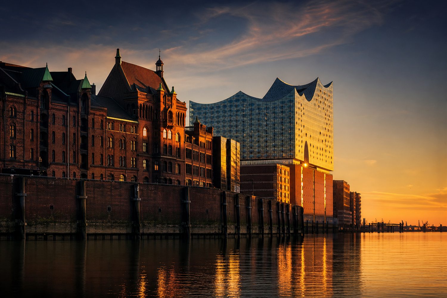 Die Elbphilharmonie und die D&auml;cher der Speicherstadt im Abendlicht am Hamburger Hafen &ndash; Uhren-Ankauf Region Hamburg
