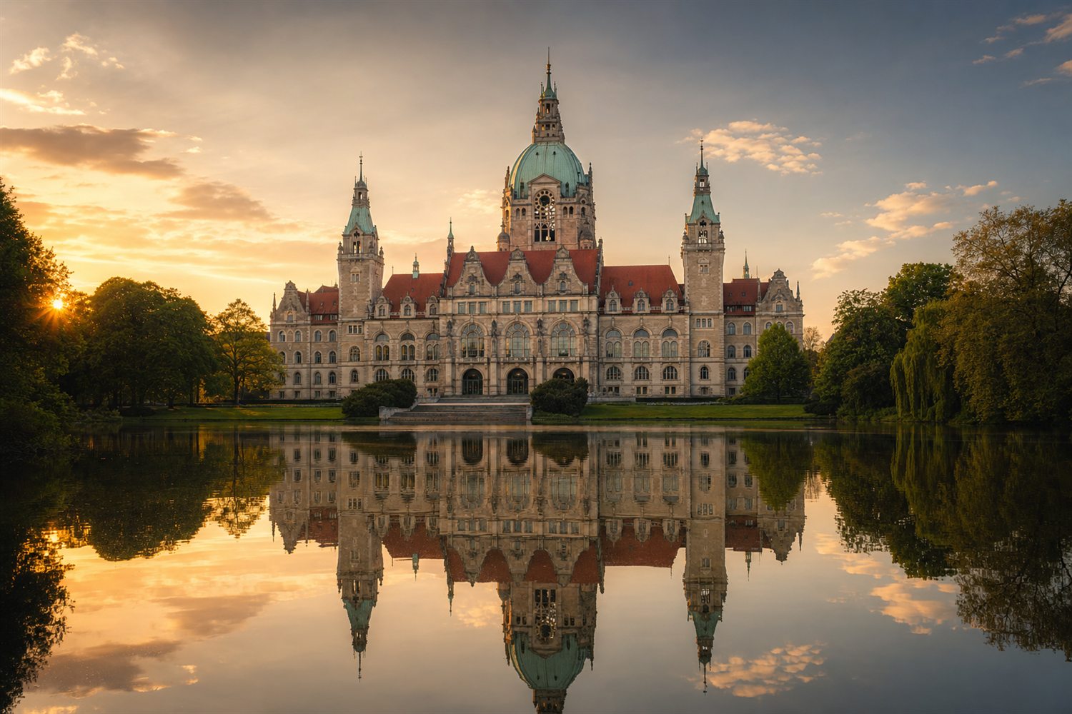 Das Neue Rathaus in Hannover im Abendlicht, gespiegelt im Maschteich &ndash; Uhren-Ankauf Region Hannover