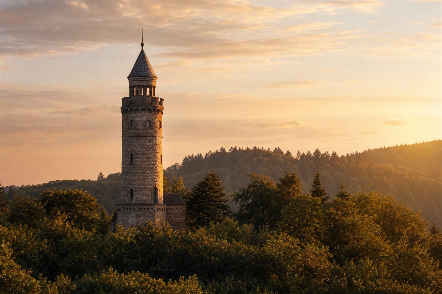Der Danzturm &uuml;ber den bewaldeten H&ouml;hen Iserlohns im Abendlicht &ndash; Uhren-Ankauf Region Iserlohn und M&auml;rkischer Kreis