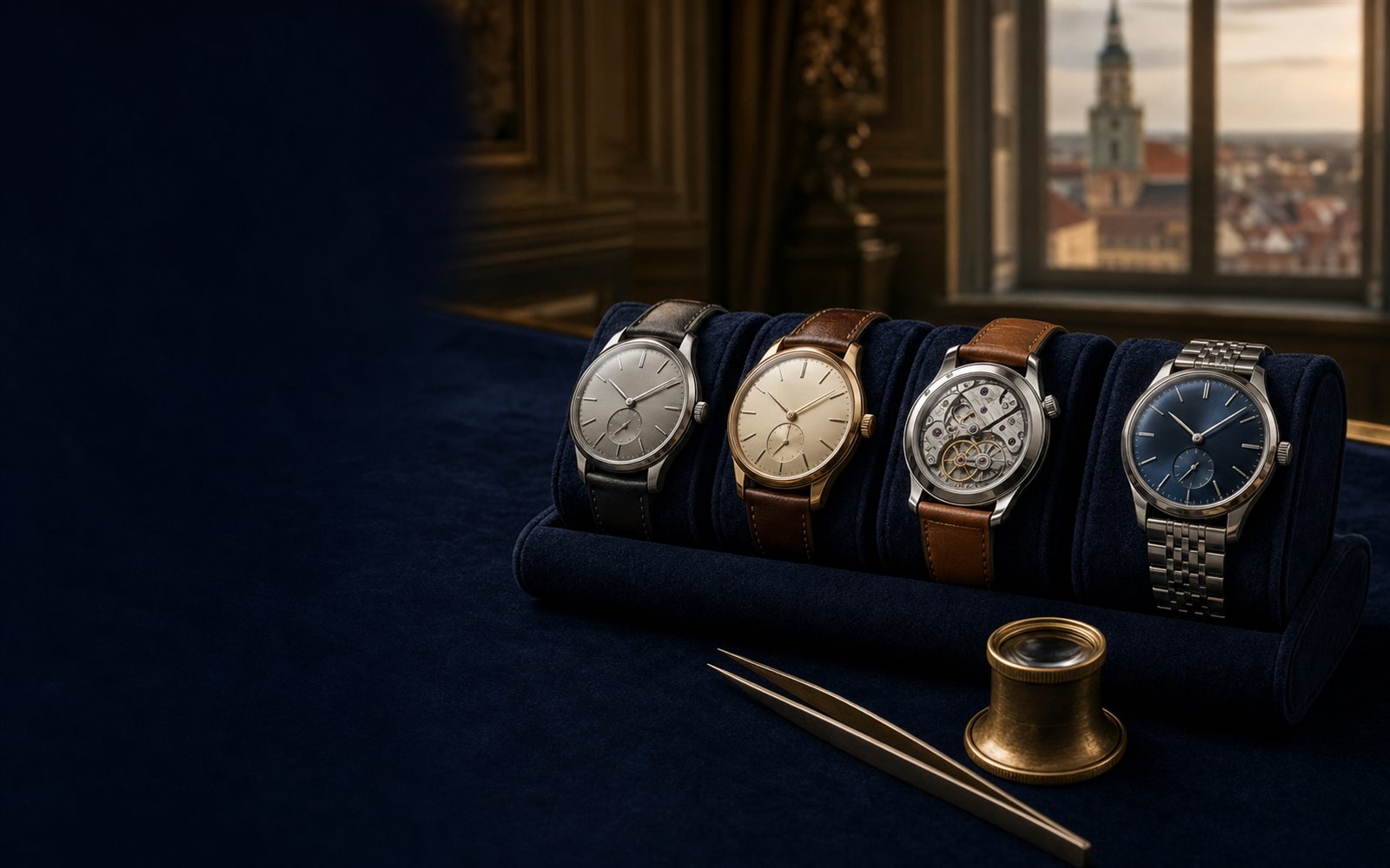 Luxus-Armbanduhren auf Samt-Uhrenrolle, eine mit sichtbarem Saphir-Werkboden, daneben Lupe und Uhrmacher-Pinzette, im Hintergrund eine Leipziger Gr&uuml;nderzeitvilla &ndash; Uhren-Ankauf Leipzig