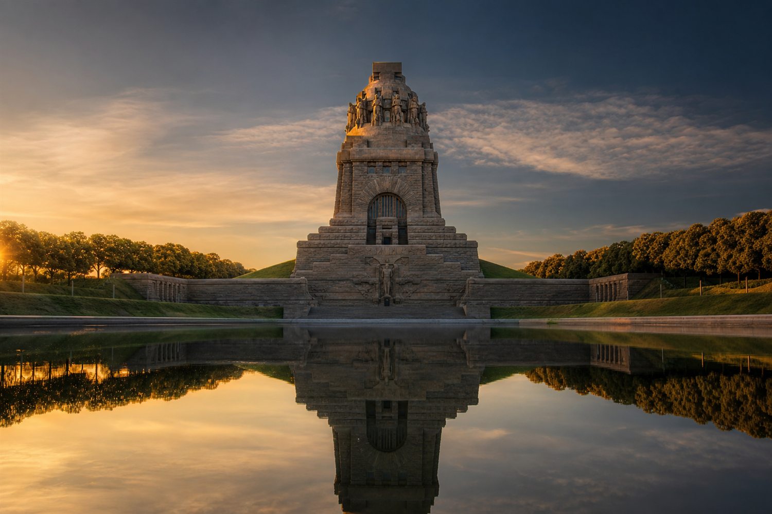 Das Voelkerschlachtdenkmal in Leipzig im Abendlicht &ndash; Uhren-Ankauf Region Leipzig