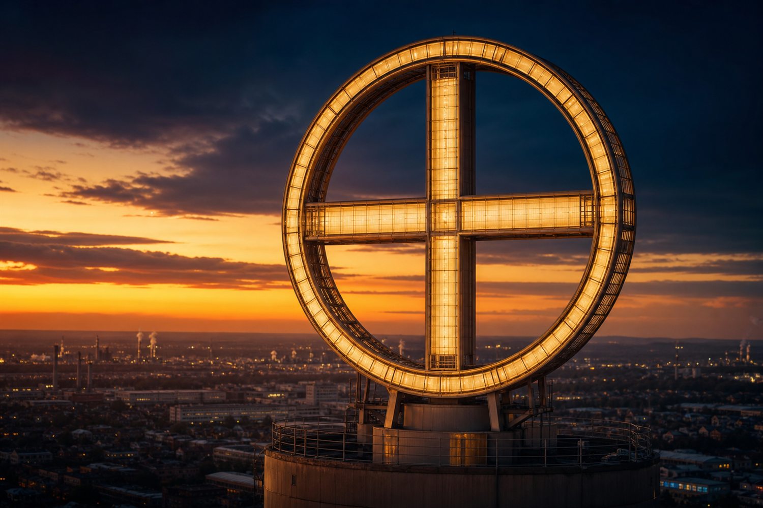 Der Leverkusener Dom im Abendlicht &uuml;ber dem Rhein &ndash; Uhren-Ankauf Region Leverkusen