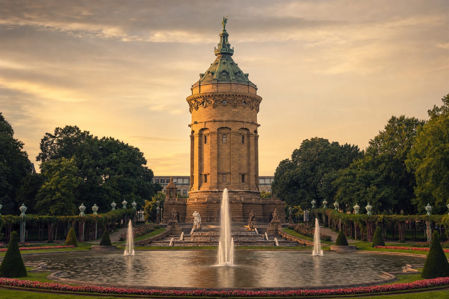 Der Mannheimer Wasserturm mit Jugendstil-Anlagen im Abendlicht &ndash; Uhren-Ankauf Region Mannheim