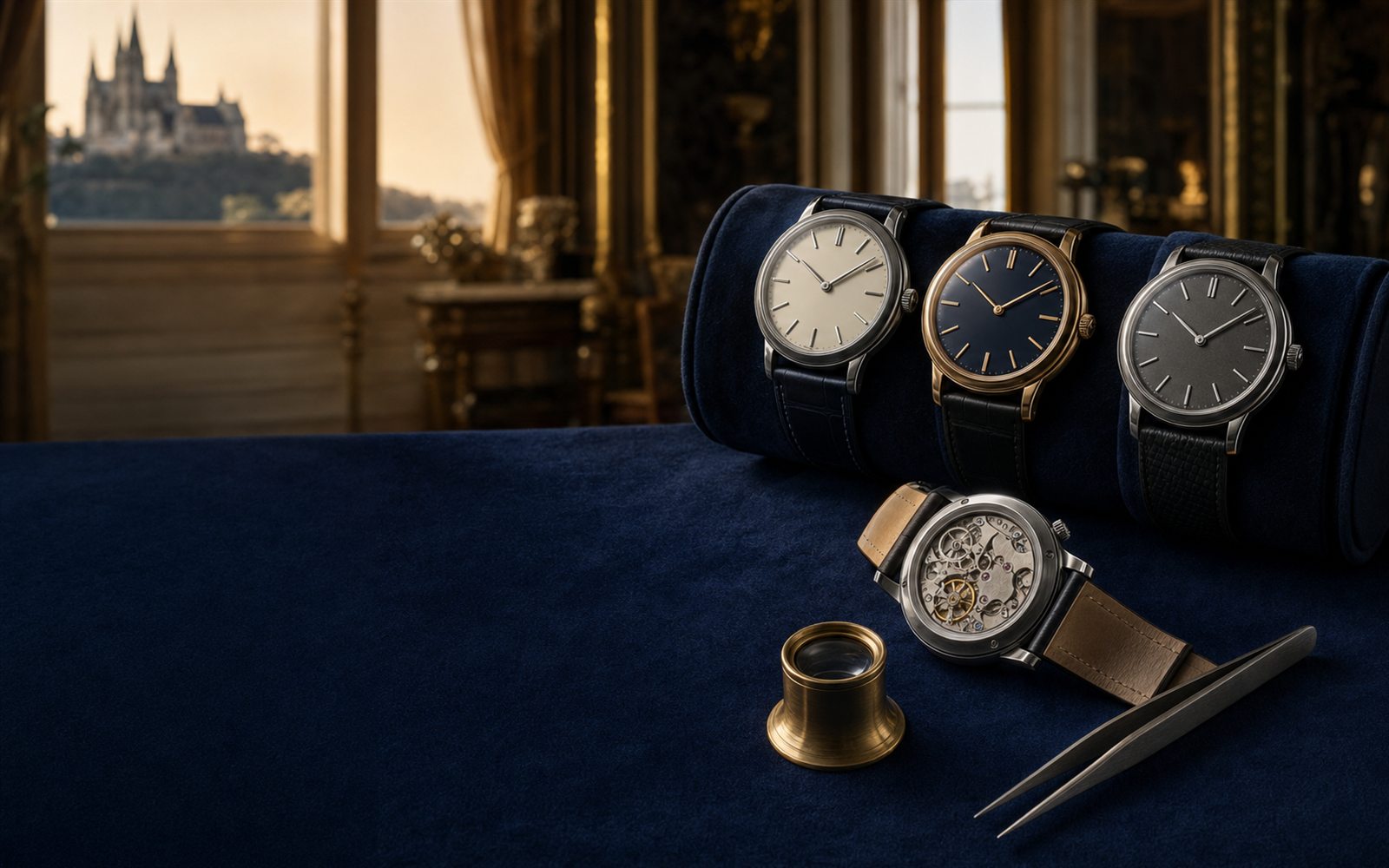 Luxus-Armbanduhren auf Samt-Uhrenrolle, eine mit sichtbarem Saphir-Werkboden, daneben Lupe und Uhrmacher-Pinzette, im Hintergrund eine M&ouml;nchengladbacher Stadtvilla &ndash; Uhren-Ankauf M&ouml;nchengladbach