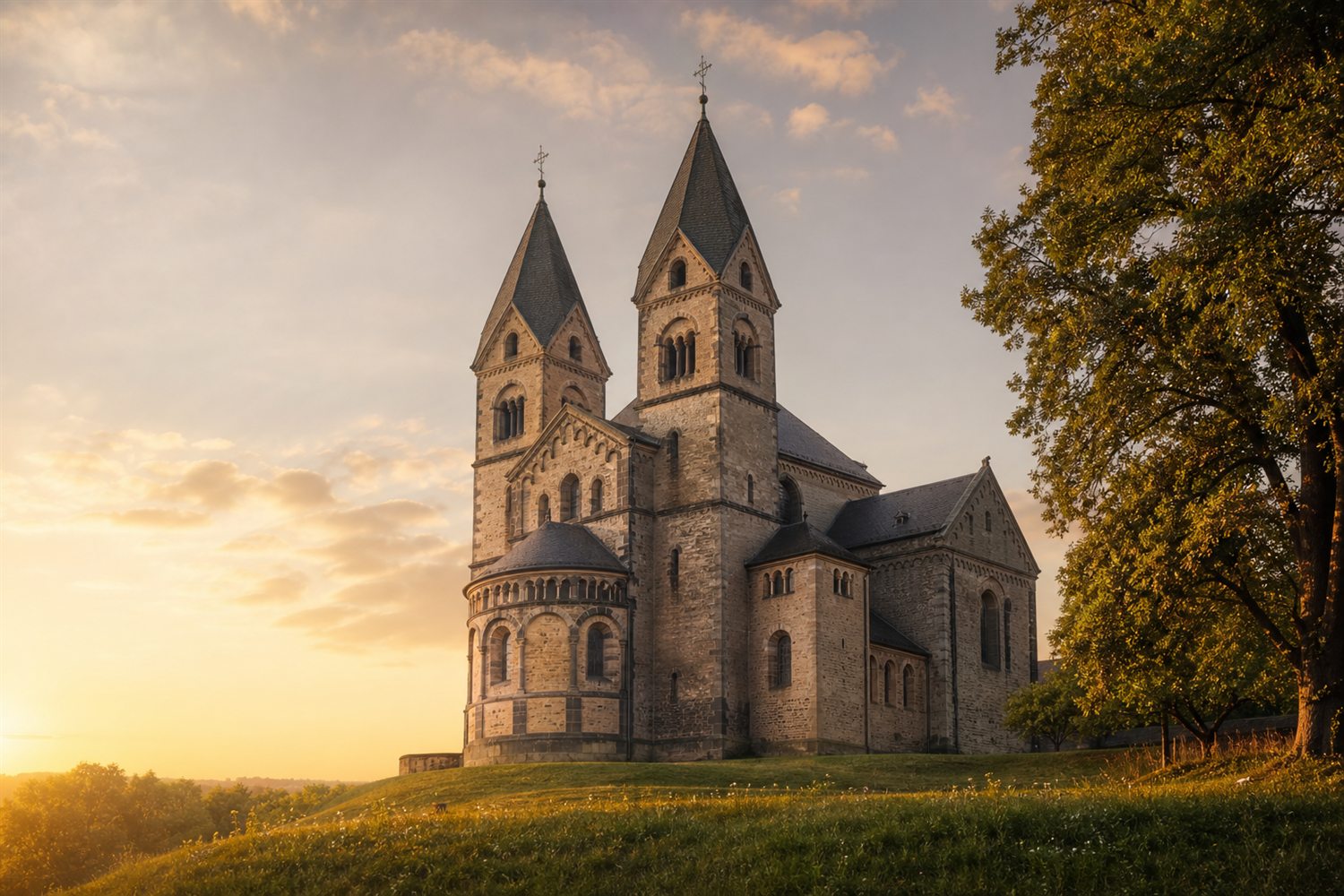 Das M&uuml;nster St. Vitus &uuml;ber dem Abteiberg im Abendlicht &ndash; Uhren-Ankauf Region M&ouml;nchengladbach