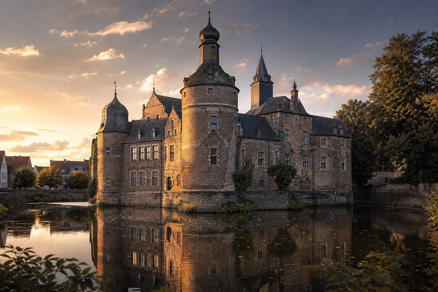 Der Moerser Dom im Abendlicht &uuml;ber dem Rhein &ndash; Uhren-Ankauf Region Moers