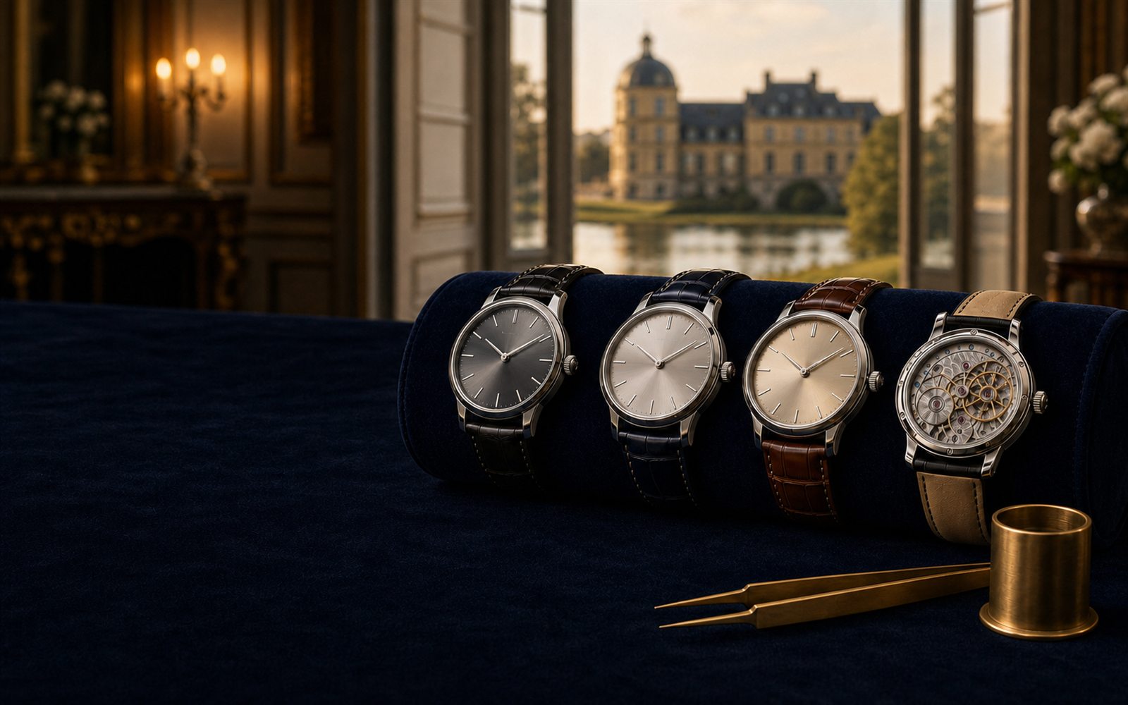 Luxus-Armbanduhren auf Samt-Uhrenrolle, eine mit sichtbarem Saphir-Werkboden, daneben Lupe und Uhrmacher-Pinzette, im Hintergrund eine M&uuml;lheim an der Ruhrer Stadtvilla &ndash; Uhren-Ankauf M&uuml;lheim an der Ruhr