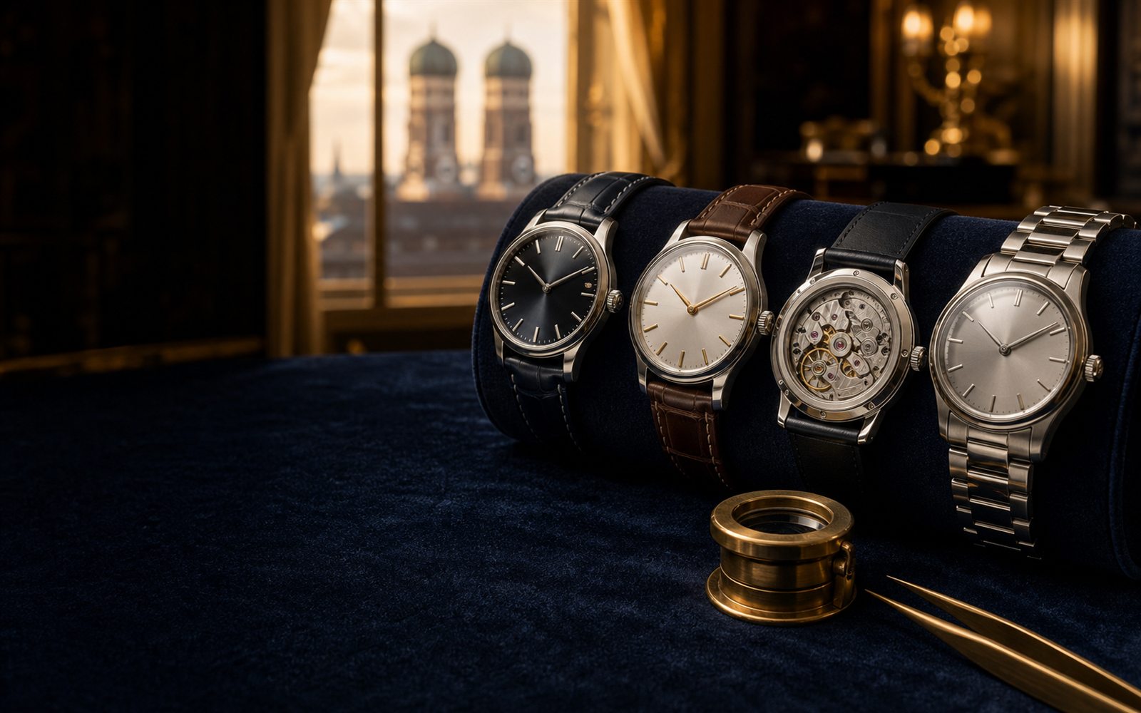 Luxus-Armbanduhren auf Samt-Uhrenrolle, eine mit sichtbarem Saphir-Werkboden, daneben Lupe und Uhrmacher-Pinzette, im Hintergrund eine M&uuml;nchner Stadtvilla &ndash; Uhren-Ankauf M&uuml;nchen