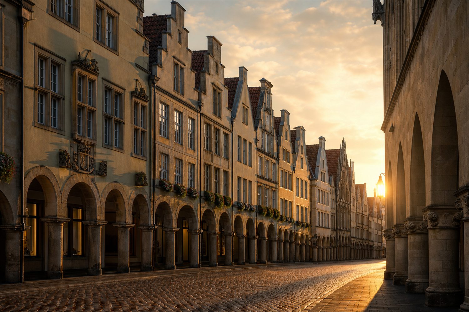 Der St.-Paulus-Dom und die Giebelh&auml;user des Prinzipalmarkts in M&uuml;nster im Abendlicht &ndash; Uhren-Ankauf Region M&uuml;nster