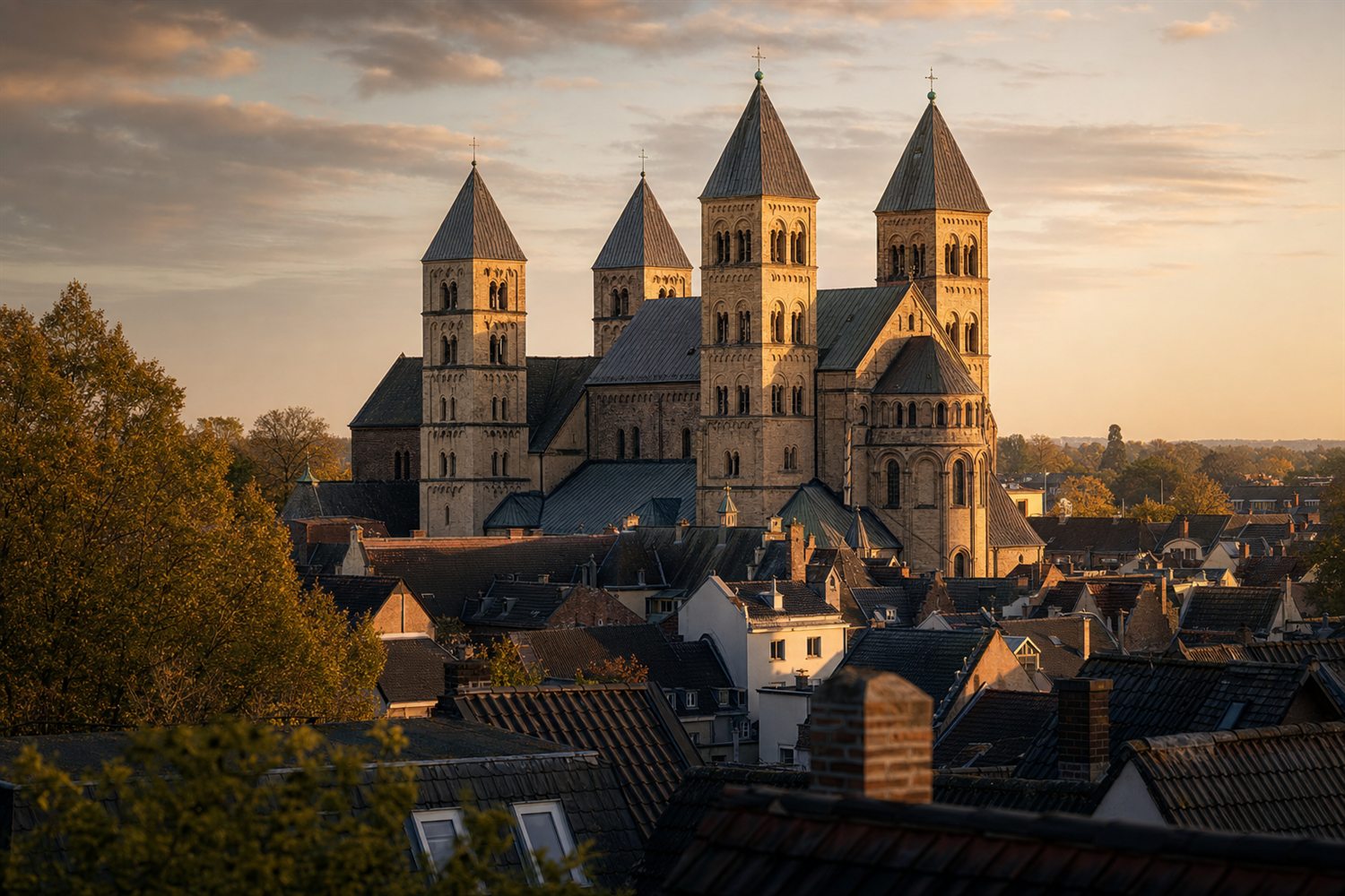 Das Quirinus-M&uuml;nster in Neuss im Abendlicht nahe dem Rhein &ndash; Uhren-Ankauf Region Neuss