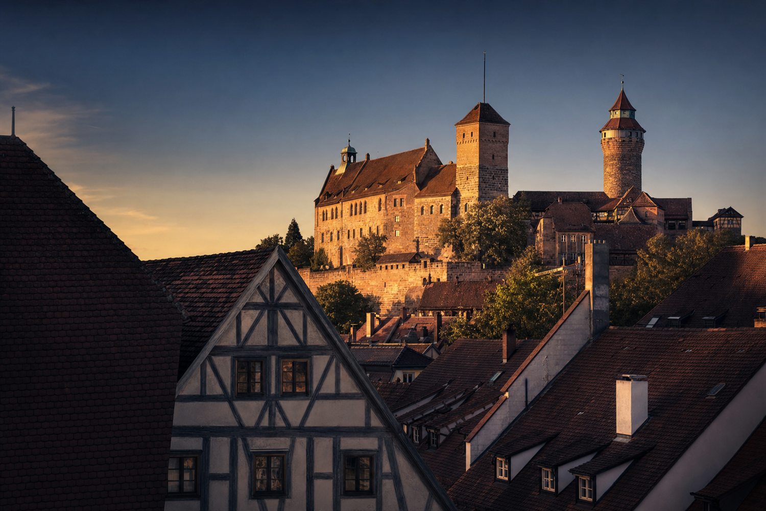 Die historische Kaiserburg &uuml;ber der N&uuml;rnberger Altstadt mit Fachwerkh&auml;usern im Abendlicht &ndash; Uhren-Ankauf Region N&uuml;rnberg