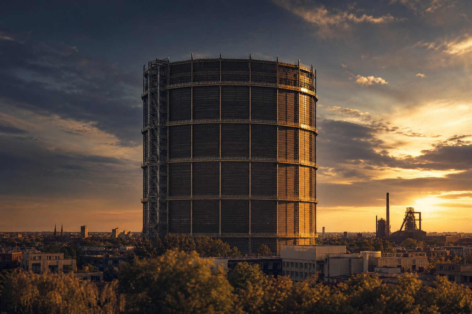 Der Oberhausener Dom im Abendlicht &uuml;ber dem Rhein &ndash; Uhren-Ankauf Region Oberhausen