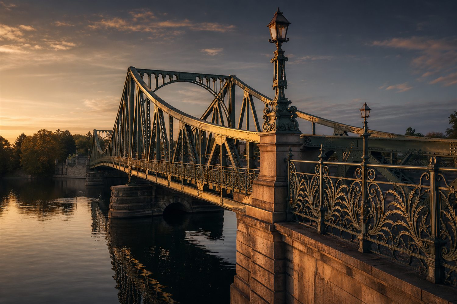 Die historische Glienicker Br&uuml;cke zwischen Potsdam und Berlin im Abendlicht &uuml;ber der Havel &ndash; Uhren-Ankauf Region Potsdam